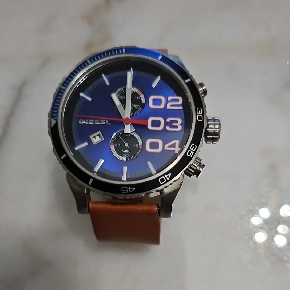 Diesel Chronograph with Blue Dial and Tan Strap